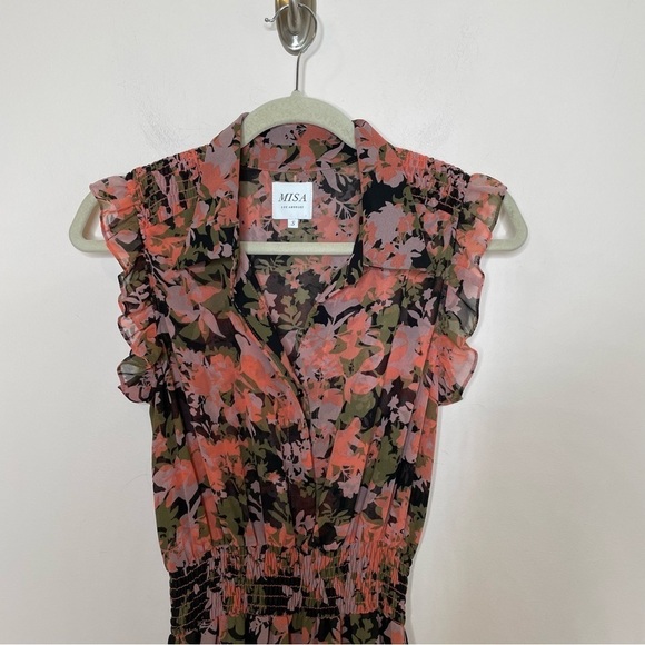 Misa Editha Ruffle Tiered Smocked Floral Print Midi Dress Pink Green Small - Picture 3 of 9